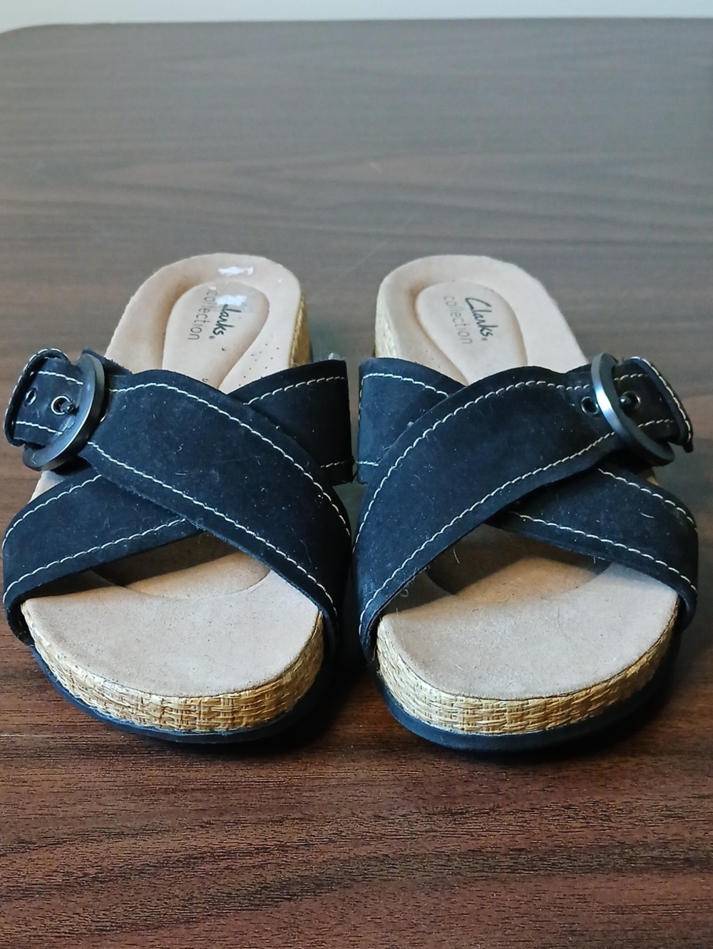 Clarks Black Suede Crisscross Buckle Wedge Mules